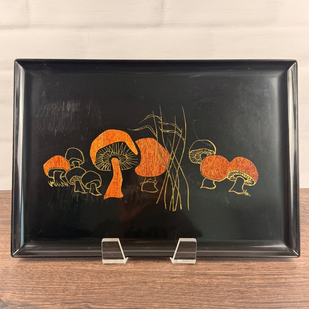 Couroc of Monterey Mushroom Inlaid Serving Tray Black Mid Century MCM